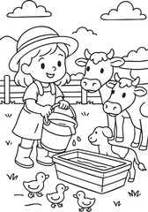 Obraz premium Cartoon Farm Girl and Animal Friends – Black and White Coloring Sheet