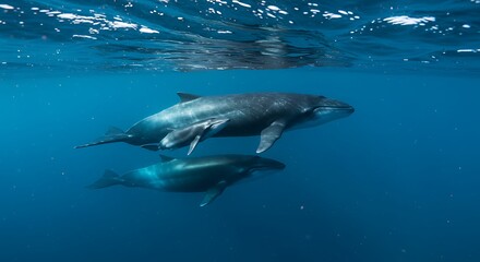 Fototapeta premium A baby whale swimming beside its mother in the ocean, with sunlight filtering through the water, creating a calm and serene scene