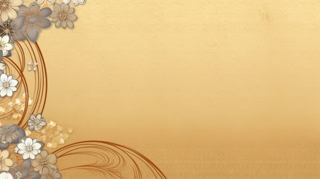 Fond abstrait beige avec motifs floraux et lignes ondul&eacute;es