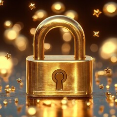 Shiny golden padlock surrounded by sparkling gold stars and bokeh lights, symbolizing security and protection in a festive atmosphere