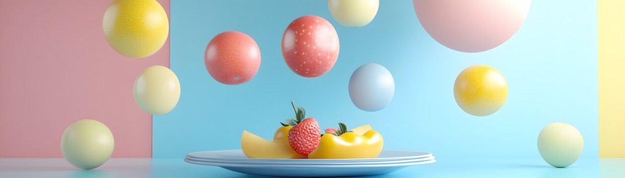 Colorful fruit composition with floating spheres.