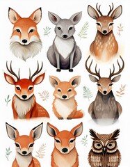 Colorful illustrations of various forest animals featuring foxes, deer, and an owl.