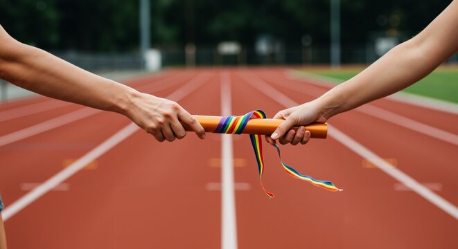 Close-up of two athletes' hands passing a relay baton adorned with a rainbow pride ribbon on a red running track during a competition.
