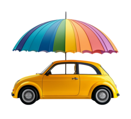 Colorful Umbrella Over Bright Yellow Car with Transparent Background