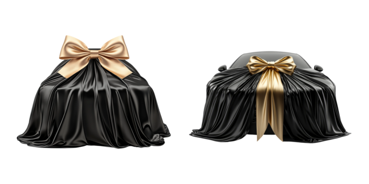 Elegant Black Fabric with Golden Ribbons and Transparent Background