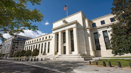 Obraz premium A grand building with columns and an American flag, likely a financial institution.