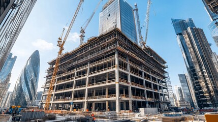 Skyscraper under construction with cranes and city skyline