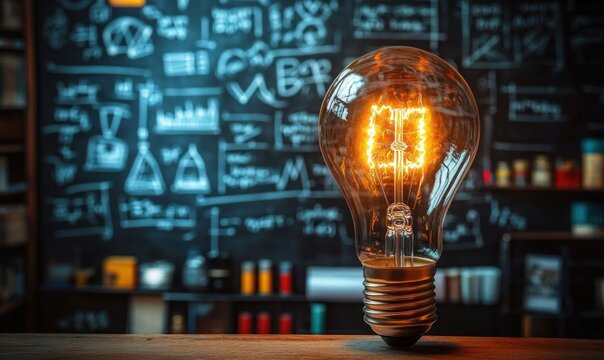 Glowing vintage light bulb on wooden surface with blurred chalkboard filled with scientific formulas and graphs in background, evoking creativity and innovation