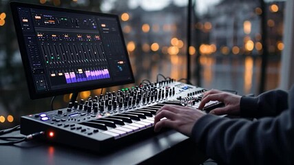 Close up shot of musician playing digital synthesizer with hands on the keys near a lake at dusk with blurry lights in the background - Powered by Adobe