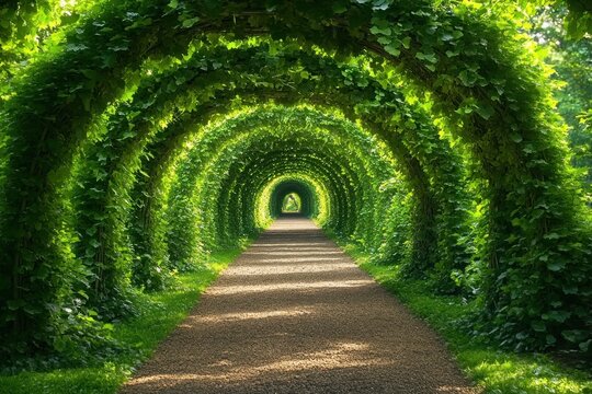 Sunlit pathway through a lush green tunnel formed by arching branches and leaves creating a natural corridor with dappled shadows