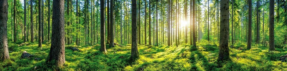 Obraz premium Sunlight Filtering Through Green Forest Trees