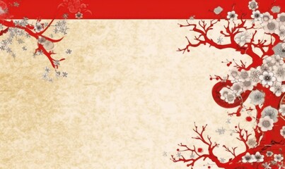Fond texturé beige avec branches de cerisier en fleurs rouges et blanches