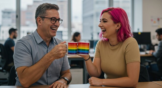 Happy middle-aged Caucasian man and young Caucasian woman with vibrant pink hair joyfully toasting with rainbow pride mugs in a modern office setting, sharing a laugh. - Powered by Adobe