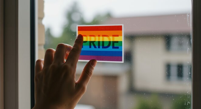 Adult Hand Carefully Placing a Colorful Rainbow Sticker with the Word PRIDE on a Window Pane.