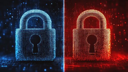 Two digital padlocks made of glowing blue and red binary code on contrasting dark backgrounds symbolizing cybersecurity and data protection