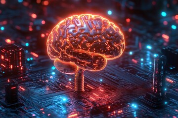 Glowing futuristic brain model integrated with a high-tech circuit board emitting red and blue lights symbolizing artificial intelligence and advanced technology