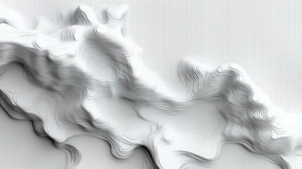 Abstract white 3D layered topographic map with smooth flowing contours and shadowed depth on a grid background
