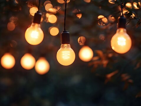 Glowing warm light bulbs hanging on a string outdoors with blurred bokeh lights in the background creating a cozy atmosphere - Powered by Adobe