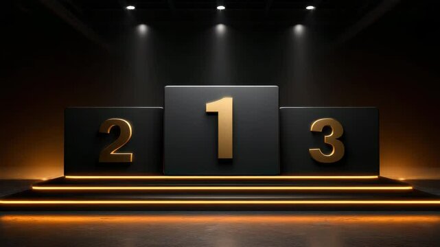 Illuminated winner podium on black stage with gold number one, two, and three blocks symbolizing victory, achievement, and award in dramatic competition atmosphere