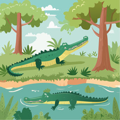 Vector Cartoon Image of Everglades Swamp Critters Amidst Tropical Foliage: Alligators
