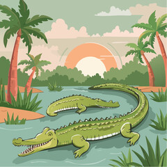 Vector Cartoon Image of Everglades Swamp Critters Amidst Tropical Foliage: Crocodiles