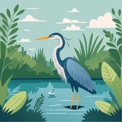 Vector Cartoon Image of Everglades Swamp Critters Amidst Tropical Foliage: Great Blue Heron