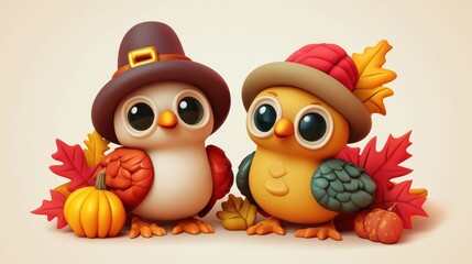 Cute pilgrim birds Thanksgiving autumn leaves pumpkins greeting card