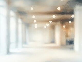 bright and spacious interior space with rows of white columns and ceiling lights creating a soft, airy atmosphere