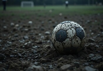 Soccer Ball Covered in Mud on a Field After Playing