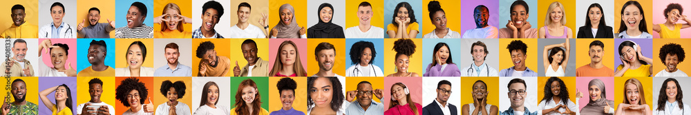 Poster a vibrant collage features a variety of diverse individuals displaying joyful expressions. the colle