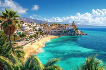 Sunny coastal Mediterranean town with white buildings, palm trees, sandy beach, turquoise sea, and distant mountains under a blue sky with scattered clouds