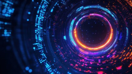 Abstract digital vortex tunnel with glowing blue and orange light patterns representing futuristic technology and data flow