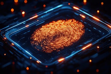 glowing orange digital fingerprint scanning on futuristic blue and black electronic circuit board with light trails