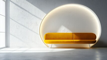 Mustard sofa in minimalist room with circular backlit alcove and sunlight