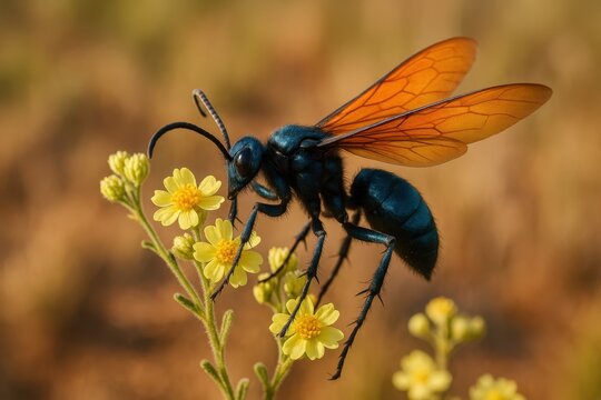 Vespa ca&ccedil;adora de tar&acirc;ntulas pousada em flor amarela no cerrado brasileiro em macrofotografia n&iacute;tida

