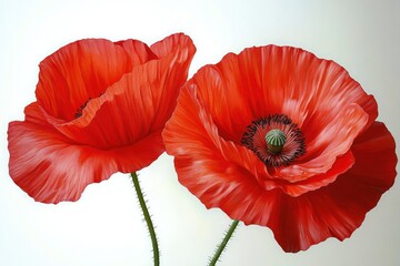 Close-up of two vibrant red poppy flowers with delicate, ruffled petals and detailed green stems against a soft white background, evoking natural beauty and freshness