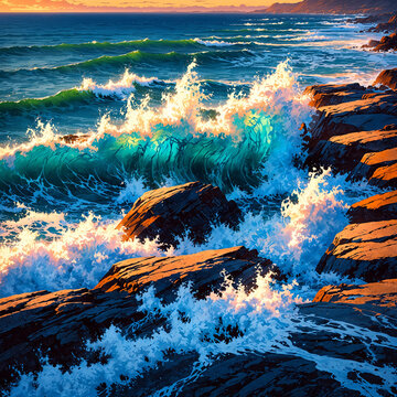 Powerful blue waves strike a sunlit rocky shore under a warm glowing sky where the light and spray create intense contrast and a rich color palette