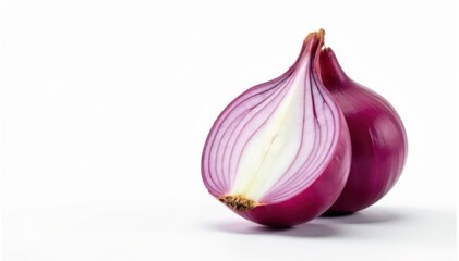 Fototapeta premium Half-cut red onion, showing layers, bright white backdrop, white background, ingredient