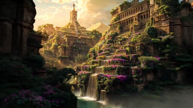 Mythical Hanging Gardens of Babylon depicted in golden sunlight with cascading waterfalls, ancient terraced architecture covered in lush vegetation, vibrant pink flowers, and tropical plants