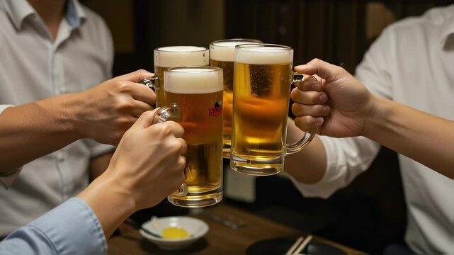 居酒屋の個室で、ビールで乾杯する4人のグループ