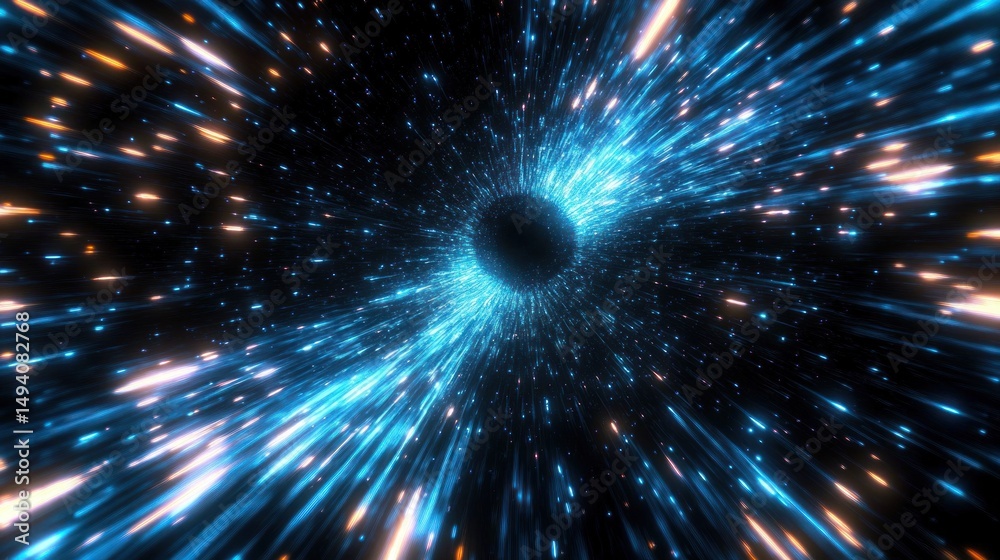 Wall mural dynamic visual of a glowing black hole with blue and white light rays streaming around it, evoking m