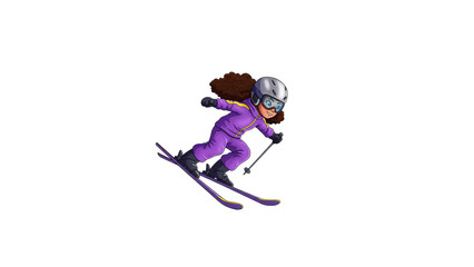 Cartoon skier enjoying winter sports vacation skiing downhill with speed and style on a snowy day trip on transparent background