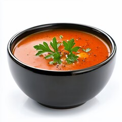 Vibrant Tomato Soup in Black Bowl Garnished with Fresh Parsley on