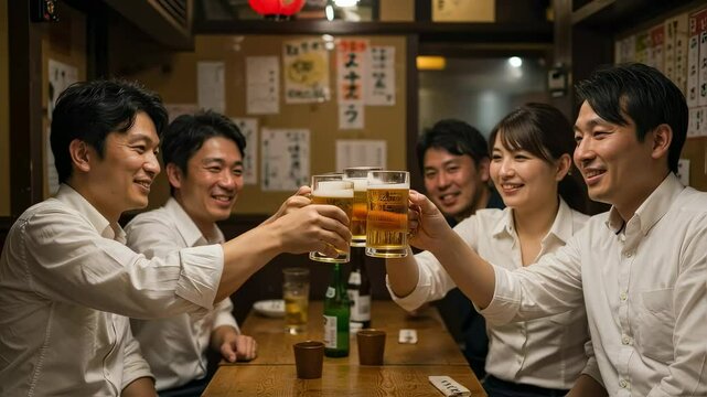 居酒屋の個室で、ビールで乾杯する同じ会社のグループ