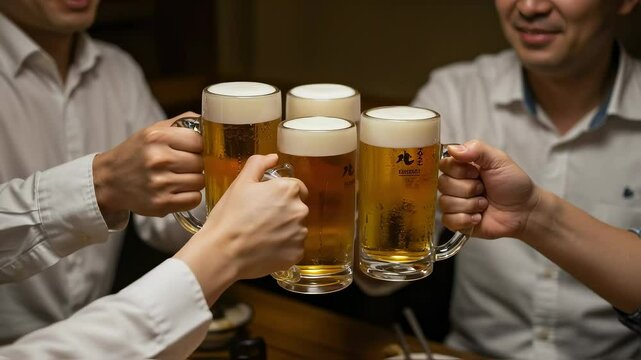 居酒屋の個室で、ビールで乾杯する同じ会社の同僚4人