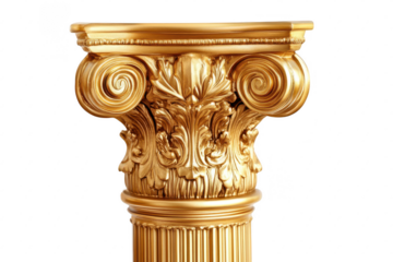 Golden decorative Corinthian column capital with acanthus leaf details and classical scrolls isolated on a transparent background