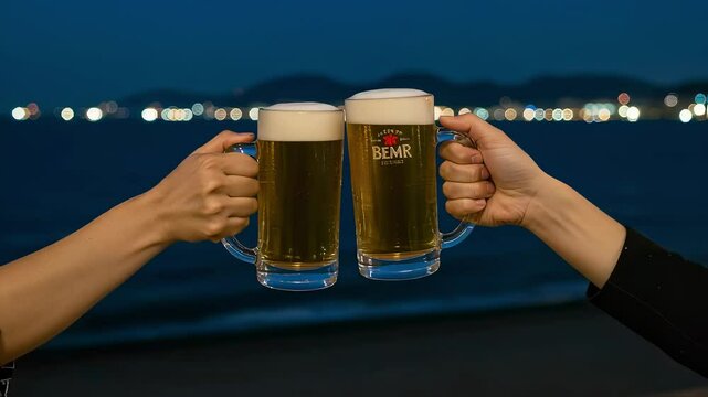 夜の静かな波打ち際で、ビールで乾杯する２人