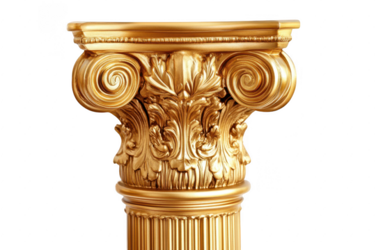 Golden decorative Corinthian column capital with acanthus leaf details and classical scrolls isolated on a transparent background