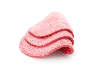 Slices of tasty smoked sausage isolated on white