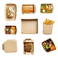 Assorted Takeout Containers with Delicious Meals and Snacks in Eco-Friendly Packaging on transparent background